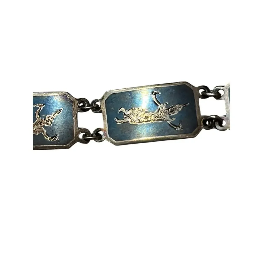 Vtg sterling Thai Siam Nielloware Link 8” bracelet & Earrings (1.25”)
